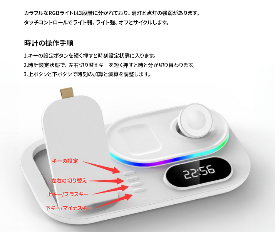 デジタル時計とライト搭載】4in1ワイヤレス充電ベース【デスク整理/多