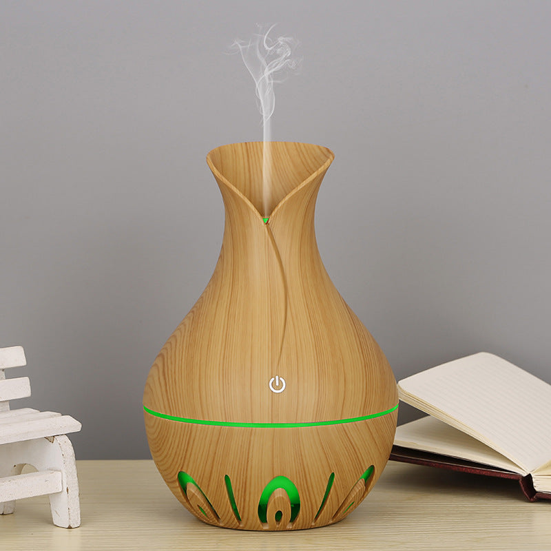 【花瓶型のユニークなデザイン】木目調花瓶型アロマ加湿器【LEDライト/インテリア/ディフューザー】